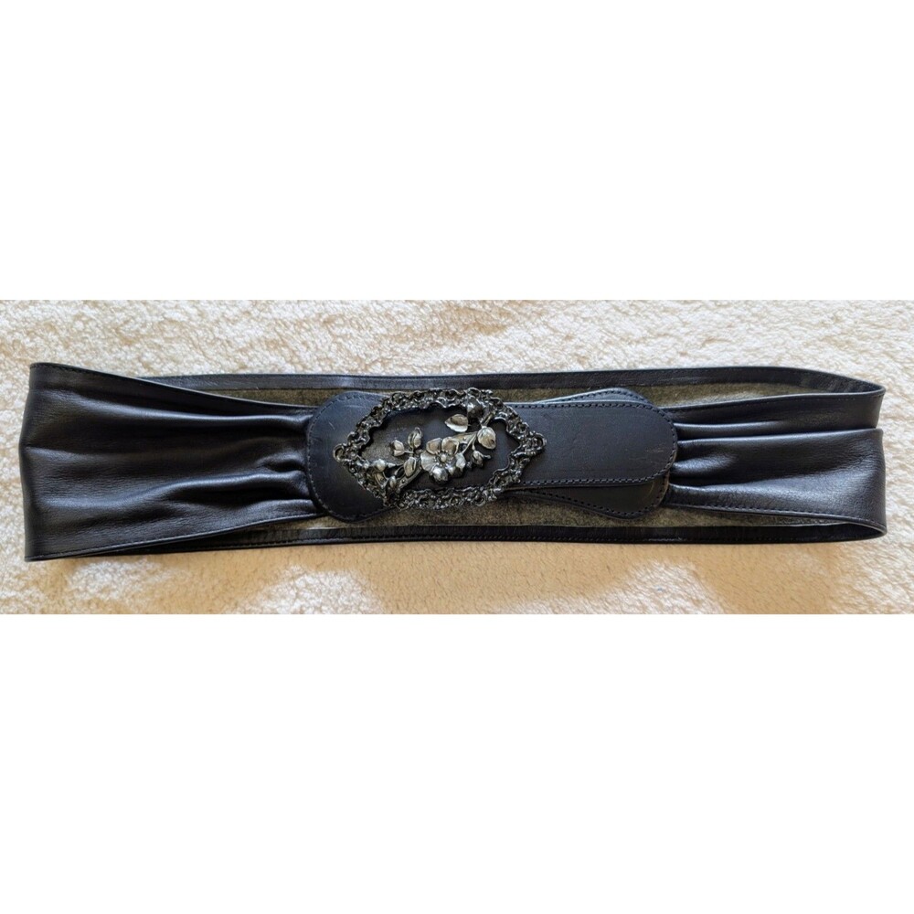 Vintage Black Leather Wide Waist Cinch Belt Floral Silver Tone Buckle Medium
